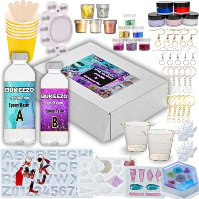 Bukeezo Resin art kit with moulds-epoxy resin art kit-200 Gm, keychain earring jewellery ring Coaster Alphabet and Feather Bookmark making materials kit with Mica, Glitters, Pigments and Flakes all things (WITH FOUR MOULD)