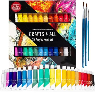 Crafts 4 ALL Acrylic Paint Set for Kids and Adults - 24 Pack Of 12Ml Craft Paint Colors for Wood, Canvas, Fabric And Ceramics W/ 3 Different Sized Brushes - Art Supplies, Multi