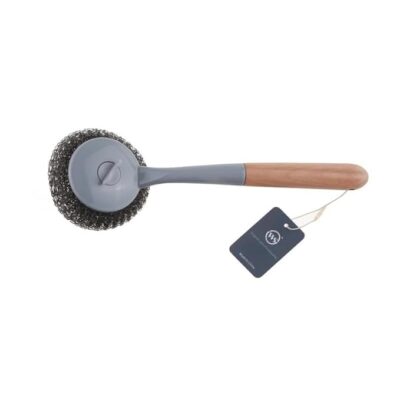 Seafront Wire Brush with Bamboo Handle, Kitchen Cleaning Ball Stainless Steel Wire Wool Scourer Brush with Long-Handled Hanging Pot Brush Kitchen Non-Stick Oil Pan Washing Brush