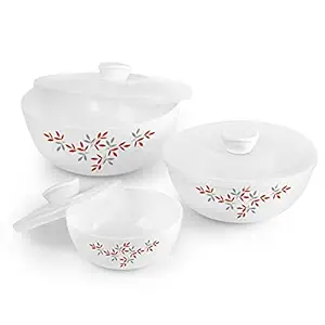 CELLO Opalware Twilight Floral Mixing Bowl Set with Lids, Set of 3 (500ml, 1000ml, 1500ml) | Lightweight, Thermal Resistant | Microwave & Dishwasher Safe | Bone Ash-Free | Ideal for Dining & Gifting