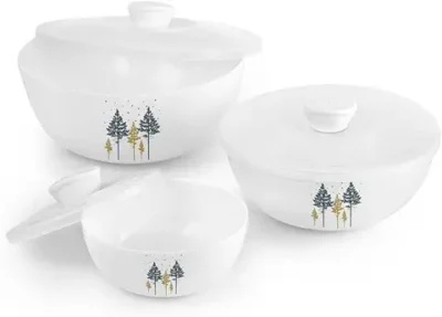 CELLO Opalware Royale Pine Mixing Bowl Set with Lid 500ml, 1000ml, 1500ml, (White, Medium) -3 Units