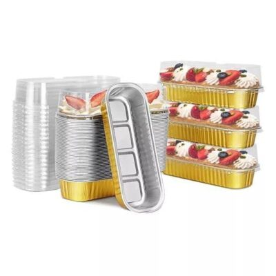 Rectangle Aluminium Tin Foil Bake & Serve Cup with Lid | Aluminium Containers | Non-Stick Foil Baking Container - Gold - 5 Pcs Pack