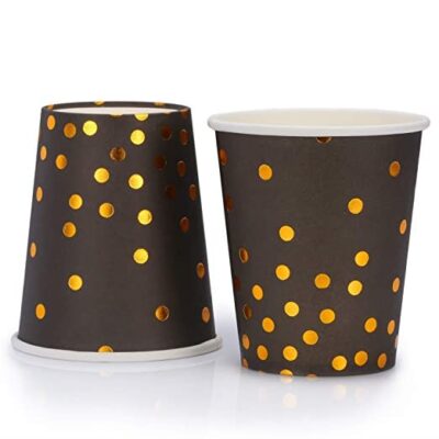 Party Port Black and Gold Party Cups 260ml, Disposable Paper Cup with Gold Foil Polka Dot Confetti - Pack of 10