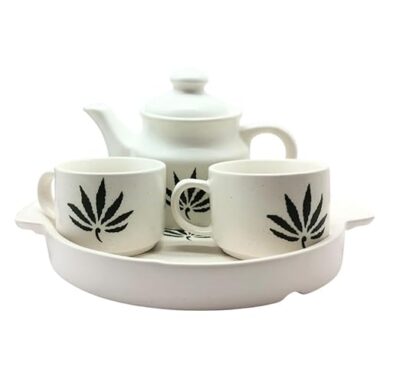 Hand Painted Kitchenware Ceramic Tea Kettle Set | Morning Tea Set | 1 Kettle | 1 Tray | Tea Cup 2 and 4 Piece (Green Leaf)