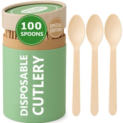 (100 Count) Disposable Wooden Spoons Set - Alternative to Plastic, Eco Friendly, Biodegradable, Compostable Cutlery Set - 50 Wood Spoons Disposable Set