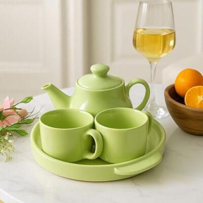 Praahi Lifestyle Tea Cup Set with Kettle & Serving Tray | Ceramic Teapot Set (Pastel Green) 2 Cups (150ml), 1 Kettle (450ml), 1 Tray (Microwave Safe)...