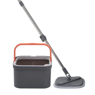 BonKaso 360° Spin Mop with Square Bucket Deluxe System Set and Reusable Microfiber Pads for Wet & Dry Glass, Wall, Tile and Home Floor Cleaning - Grey and Orange