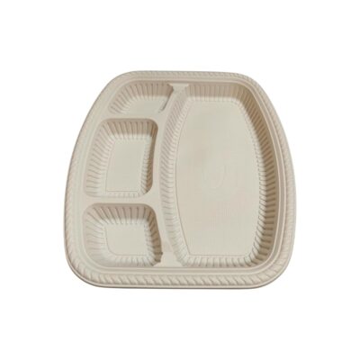 BonKaso 4 Compartment Rectangular Cornstarch Plate | Biodegradable & Eco-Friendly Disposable Meal Tray for Food Serving, Takeaway & Catering – White Compostable Plates (Pack of 25)