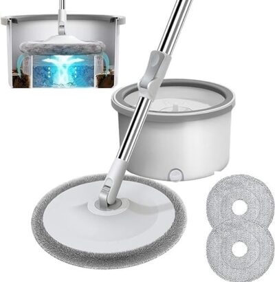 Spin Mop with Bucket Deluxe System for Floor Cleaning - 360° Flexible Mop with Self Separation Dirty and Water System 2 Pcs Reusable Microfiber for All Types of Floor Cleaning (O-Grey)