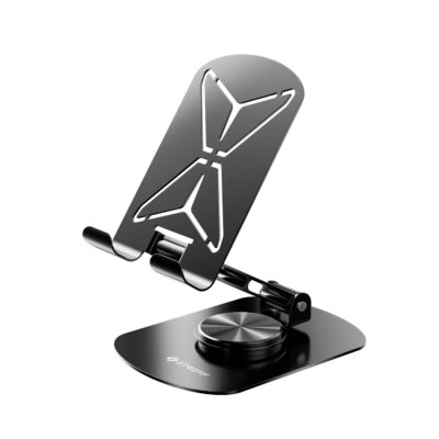STRIFF mob Spin 360° Rotating Metal Phone Stand, Foldable Mobile Holder with Adjustable Height & Angle, Stable Round Base, Thick Case Friendly, for Smartphones, Tablets, Kindles & iPads – Black