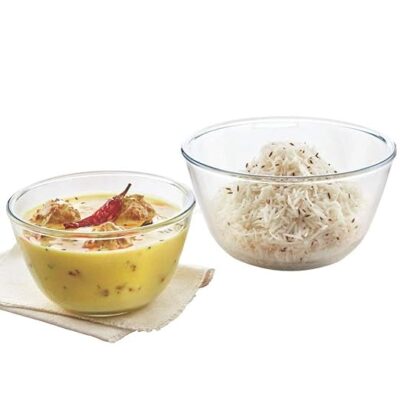 Borosil Glass Mixing & Serving Bowls, Oven & Microwave Safe Bowls, Set of 2 (500 ml, 1.3 L), Borosilicate Glass, Clear