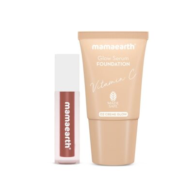 Mamaearth On The Go Duo (Feather Light Liquid Matte Mini Lipstick (Nude Punch) + Glow Serum Foundation Mini (02 Creme Glow)