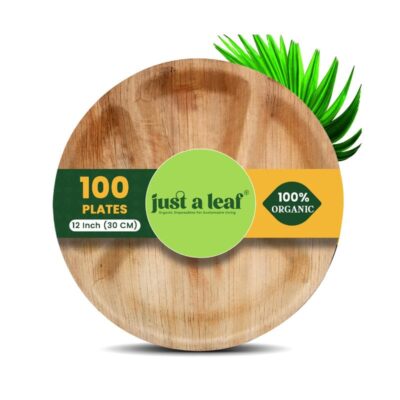 Just a leaf [12 Inch, Pack of 100 Round Organic Disposable Plates with Compartments | 100% Natural, Eco-Friendly Biodegradable Plates for Wedding, Events, Parties & Picnic Plate (Palm Leaf Plates)
