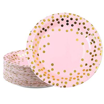 Lalantopparties Pink & Gold Foil Polka Dot Paper Plates for Birthday and Theme Decor, Disposable Plates for Anniversary Celebration (Pack of 10)