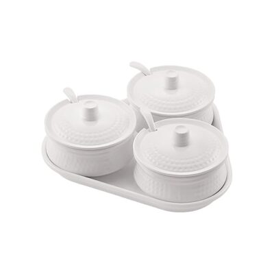 CELLO Melamine Mellow White Pickle Serving Set With Tray (3 Pieces) | Condiment, Masala Container | Pickle and Chutney Jar for Dining Table, Beige