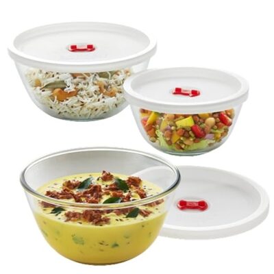 Borosil 500ml + 900ml + 1.3L (3pc) Serving & Mixing Bowl Set | Made in India Borosilicate Glass Bowl for Kitchen & Dinning | Bowl for Mixing Dough, Salad, Batter | Microwave & Dishwasher Safe | Clear