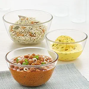 Borosil 500ml + 750ml + 1L (3pc) Serving & Mixing Bowl Set | Made in India Borosilicate Glass Bowl for Kitchen & Dinning | Bowl for Mixing Dough, Salad, Batter | Microwave & Dishwasher Safe | Clear