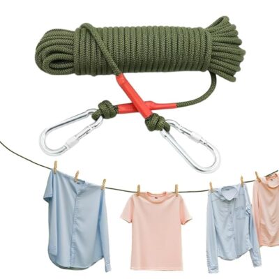 HASTHIP® 10m Clothes Drying Rope - Heavy Duty Polyester Cloth Rope for Drying Clothes with Hook 10mm Steel Core Clotheslines Wire Cloth Dry Ropes Wire, Army Green