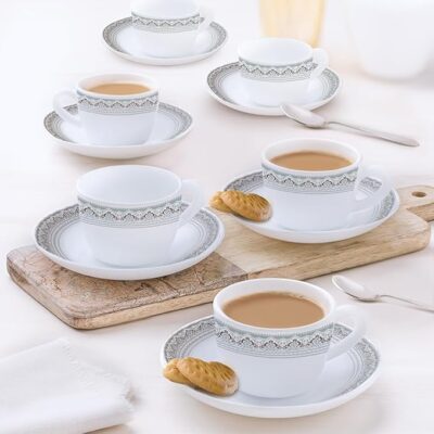 Larah by Borosil Opalware Classic Cup and Saucer Set, 145ml, 12-Pieces, White, HT12CS14CSC1, HT12CS14CSC1