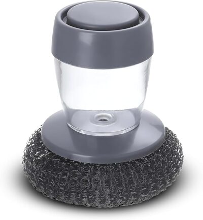 Kitchen Soap Dispensing Palm Brush | Dishwashing Scrubber with Built-in Soap Dispenser | Replaceable Scrubber Head & Stainless Steel Wire Ball