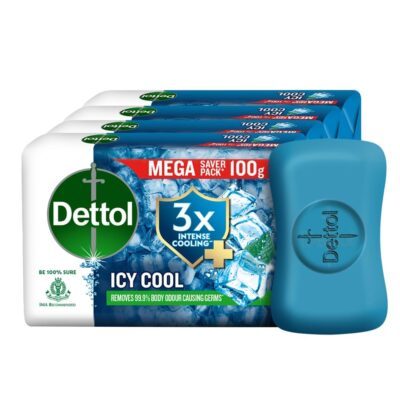 Dettol Icy Cool Bathing Soap Bar With 3x intense cooling (400gm), 100gm - Pack of 4