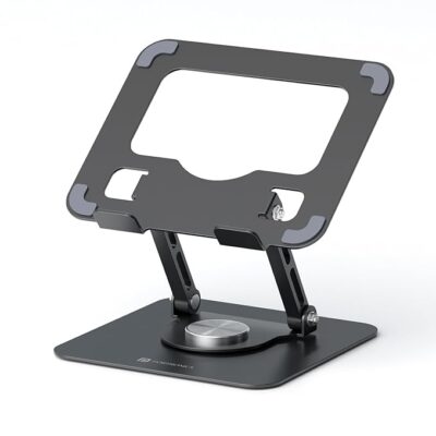 Portronics My Buddy A1, Metal Tablet Stand, 360° Rotating Base, Height & Angle Adjustable, Supports Up to 12 Inch Tablets & 5Kg Load, Foldable & Portable, Anti-Slip Pads (Grey)