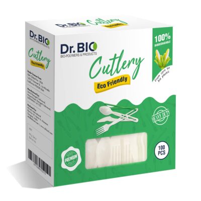 Dr. Bio Biodegradable Compostable Cutlery Knife, Spoon, Fork, Straw (8mm) Combo Eco Friendly, Thick Quality, Made of Corn Starch - 100 Nos.