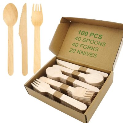 Purearth Disposable Wooden Cutlery Set - Alternative to Plastic, Eco Friendly, Biodegradable, Compostable Cutlery Pack, Natural Disposable Utensils Set (Wooden Cutlery Set 100 Pcs)