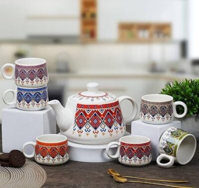 Khurja Crockery hub Handcrafted Multicolor Geometric Print Ceramic Tea Set with Teapot & 6 Cups | Elegant Tableware for Home & Gifting