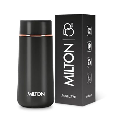 Milton Starlit 270 Thermosteel Compact ISI Certified Water Bottle, Vacuum Insulated Hot and Cold I SS304 Stainless Steel, Leak Proof I 260 ml, Black