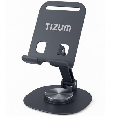 Tizum Universal Mobile Stand for Desk| Ergonomic, Foldable, 360° Rotating, Adjustable Height & Angle| Anti-Rust Carbon Steel, Anti-Slip & Sturdy Metal Base, for Up to 6.9 Inch Screen Devices (Black)