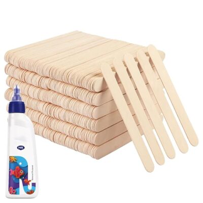 Wooden Ice Cream Sticks for Crafts (Pack of 150 Pcs) Natural Popsicle Sticks with Fevicol 20gm, 11cm x 1cm, Craft Sticks for DIY Art, School Projects, Model Making & Decoration.