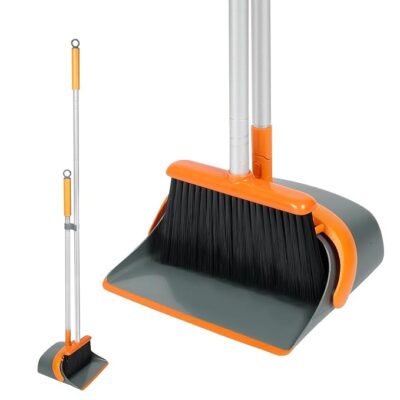 Broom and Dustpan Set with 54-Inch-Long Handle - Perfect Dustpan and Brush Combo for Home Efficient Cleaning (Orange and Grey)