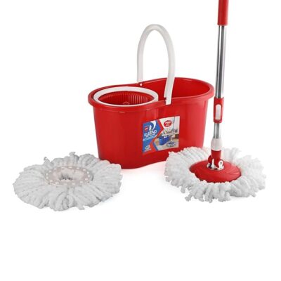 Kleeno by Cello Compact Floor Cleaning Set, Red | 360° Flexible Rotation Steel Handle with 2 Microfiber Refills | Durable & User-Friendly Design | Spin Pocha Mop Set with Bucket | Mop with Bucket