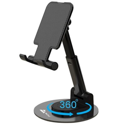 WeCool T1 Mobile Stand for Desk with 360°Rotation & Stable Metallic Round Base, Tabletop Phone Stand with Height & View Angle Adjustment, Portable Phone Holder for Smartphones, Tablets, Kindles & for iPad
