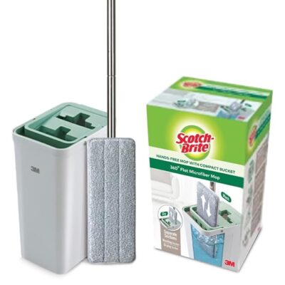Scotch-Brite Plastic Hands-Free Microfiber Flat Mop with Compact Bucket, Splash Proof Design & Double Scraper for Easy Squeeze (1 Unit)
