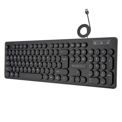 Zebronics K24 Wired USB Keyboard, 104 Keys, Long Life 8 Million Keystrokes, Silent & Comfortable Use, Slim Design, Retractable Stand, 1.5 Meter Textured Cable, UV Coated keycaps