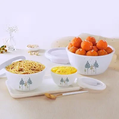CELLO Opalware Mixing Bowl Set with Premium Lid, Royal Pine | Thermal Resistant & Scratch Resistant | 3 Units, (500 ml, 1000 ml, 1500 ml)