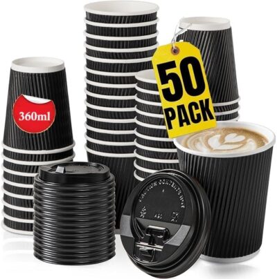 DISPOSERVE [360ml, 50pcs] Heavy 480GSM | Food Grade Paper| Disposable Black Ripple Wall Paper Cups with Black lid | Recyclable Cold & Hot Cups | Use & Throw Party Glasses | Ideal for Tea & Coffee