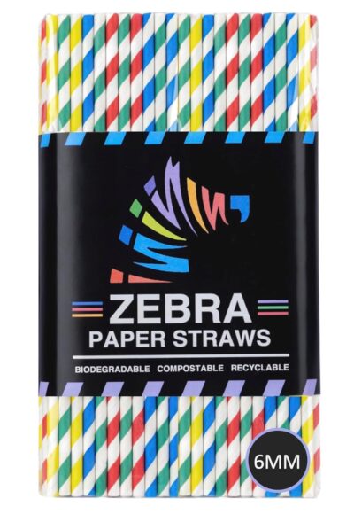 ZEBRA Paper Straws - Biodegradable Premium Drinking Straws | 100 Straws (6mm Wide) | Assorted Coloured Stripes | Best for Juice, Soft Drinks and Cocktails | (6MM, Stripes)