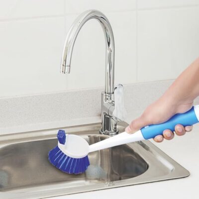 Cello Kleeno Dual Action Sink & Dish Brush, Blue & White | Flexible Bristles, Hanging Provision | Rubberised Handle & Tough Bristles for Stubborn Stains |Plastic Kitchen Sink Basin Wash Cleaning Brush
