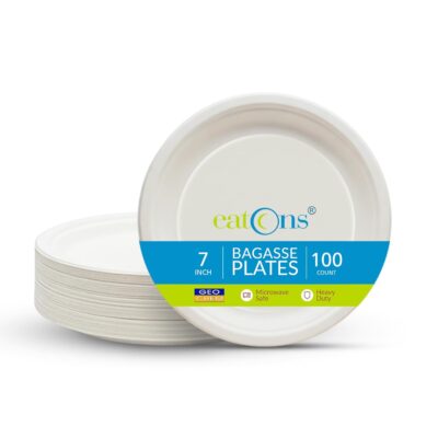 EATONS Bagasse Disposable Plates [7 inch,100 Pack] I Eco Friendly Biodegradable Sugarcane Paper Plates | Appetizer Plate I Quarter Plate I Serve Snacks I Birthday, Wedding, Party I Round I White