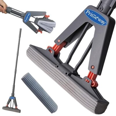Primeway® PVA Self Wring Butterfly Wet Floor Cleaning Mop | 124cm Long Iron Coated Handle | Extra 1 Piece Refill | 28cm Extremely Absorbent Sponge | New Pull Design with No Lever | Grey