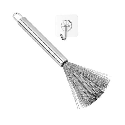 1 Kitchen Cleaning Brush Steel with Hook Wire Dish Wash Brush with Handle Pan Cleaning Brush for Dishes, Sink, Tawa, Pots, Pans, Wok& Steel Cookware Durable Stainless Steel Scrubber Brush for Kitchen
