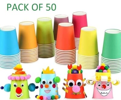 ekysa Basics Paper Disposable Tea/Coffee Cups – 200 ml, Eco-Friendly, Leak-Resistant, for Hot Beverages, Multicolor Design, Pack of 50