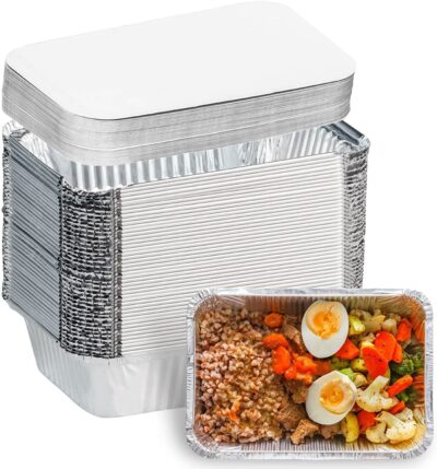 660ml 50pc Aluminium Foil Box Containers with Lid | Disposable Kitchen Food Storage Boxes for Meal Prep, Takeaway, Baking | Leak-Proof & Oven Safe Trays for Food Parcel, Silver