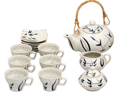 Caffeine Ceramic Handmade Stoneware White Bamboo Style Leaf Printed Tea Set - (15 pcs Microwave & Dishwasher Safe Tea Set)