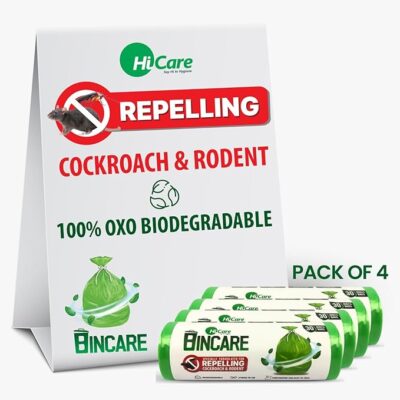 Hi Care BINCARE India's 1st Pest Repellent Compostable 120 Garbage Bags Medium | (19 x 21 Inch) | String Tie | Mint Scent (Pack of 4, 30 Each) | Deny food to Cockroaches