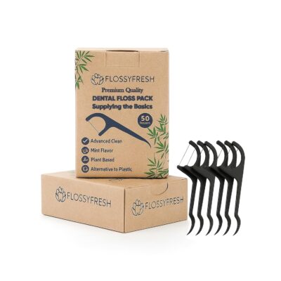 FlossyFresh Biodegradable Dental Floss Picks | Plant based for Oral care | Thin Thread Tooth for Adults & Kids | Eco Friendly Toothpick Soft on Gum & Teeth | Dentist Recommended, Travel use (50, Mint)