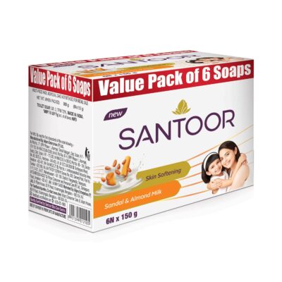 Santoor Skin Softening Sandal & Almond Milk Bathing Soap with Nourishing & Anti-Aging Properties| For Smooth & Soft and Younger-Looking Skin| For All Skin Types| 150g, Pack of 6